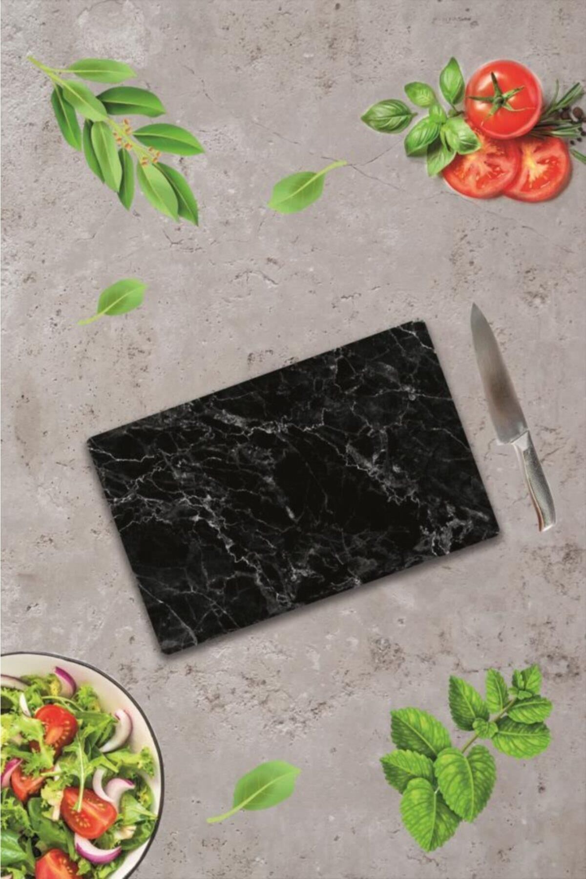 20x30 cm Cam Kesme Tahtası Siyah Mermer Görünümlü