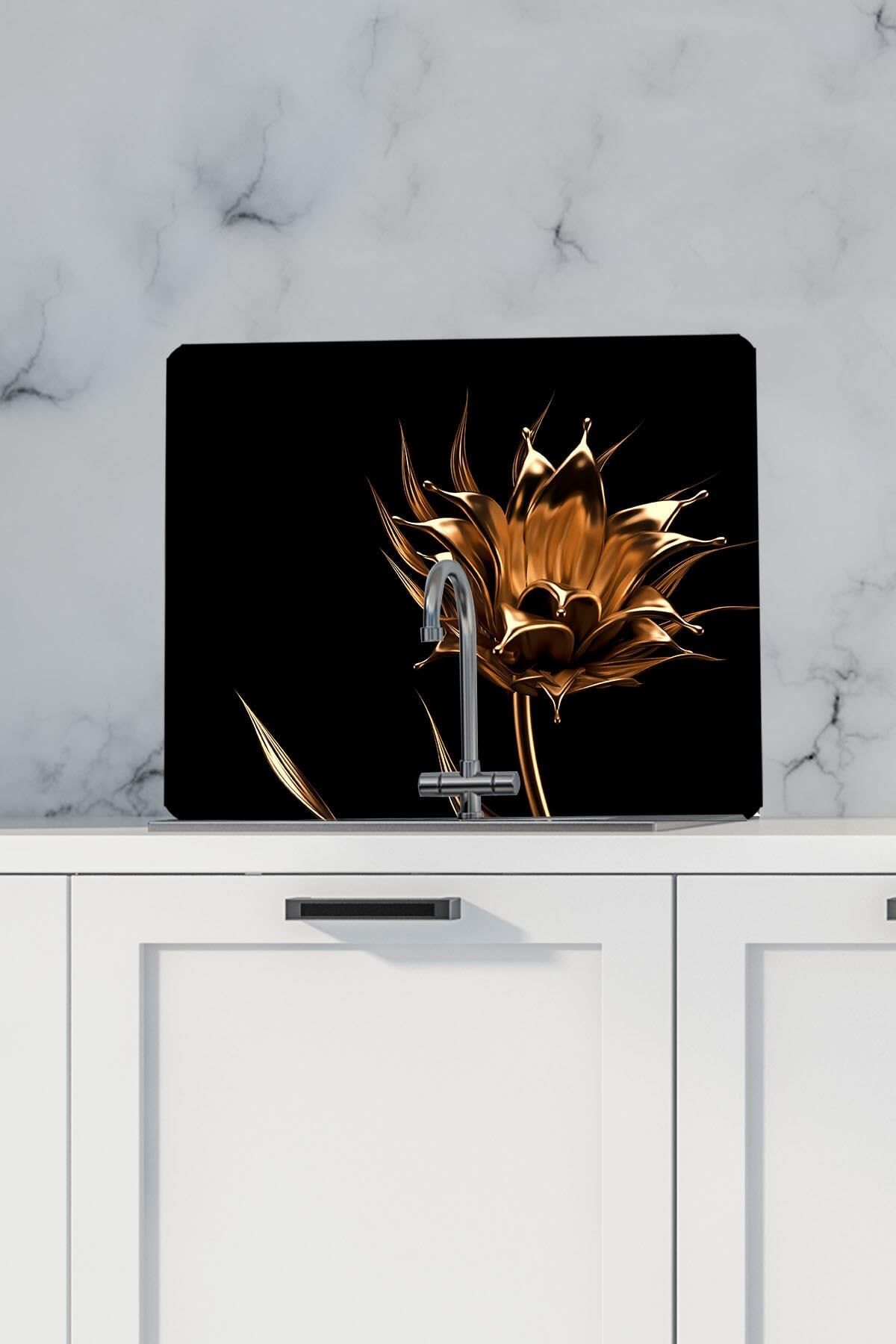 50X56 cm Cam Ocak Koruyucu Altın GülCam Ocak Koruyucu