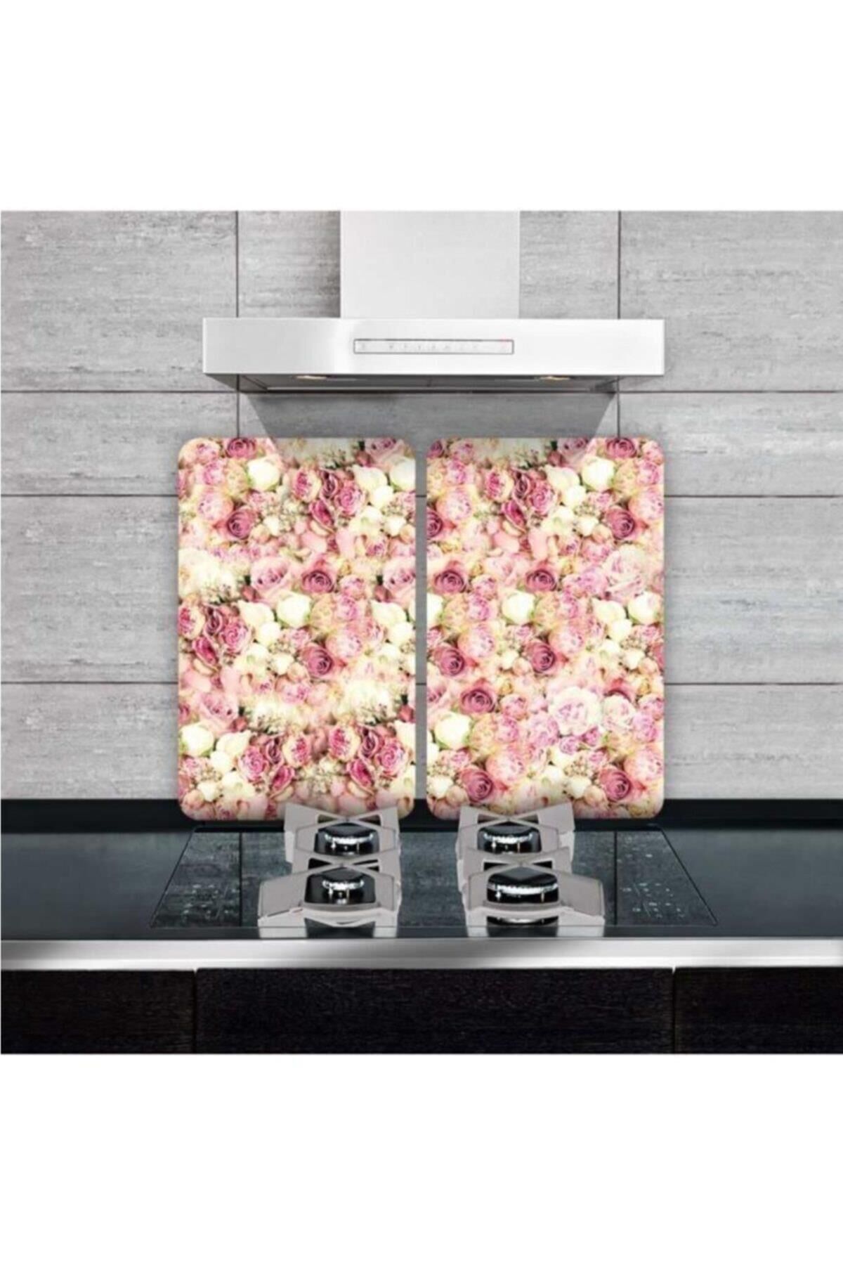 2'li 40x52 cm Cam Ocak Koruyucu 5'li Ocaklar İçin Beyaz Açık Pembe Güller