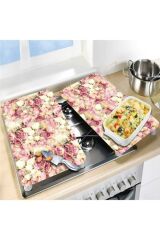 2'li 40x52 cm Cam Ocak Koruyucu 5'li Ocaklar İçin Beyaz Açık Pembe Güller