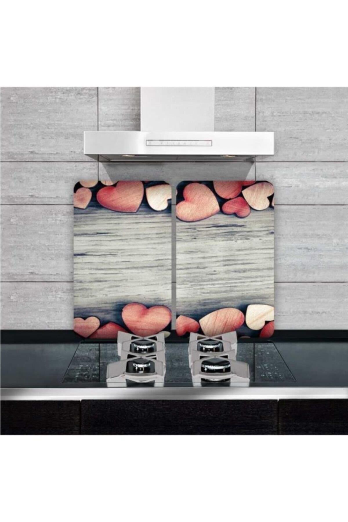 2'li 40x52 cm Cam Ocak Koruyucu 5'li Ocaklar İçin Dokulu Kalpler