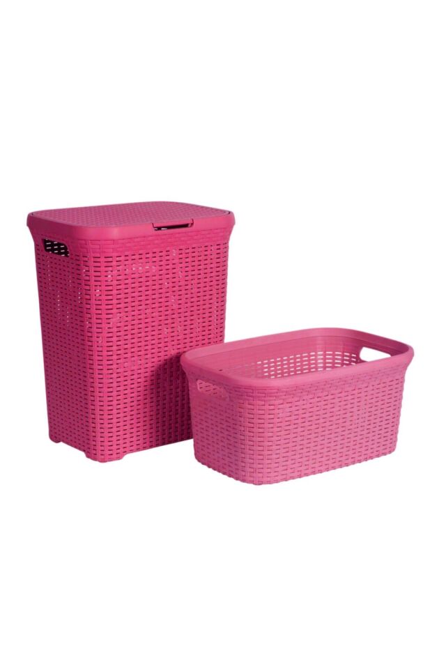 2'li Set Hasır Desenli Plastik Pembe Çamaşır Sepeti & Pembe Çamaşır Selesi