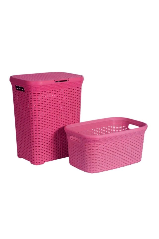 2'li Set Hasır Desenli Plastik Pembe Çamaşır Sepeti & Pembe Çamaşır Selesi