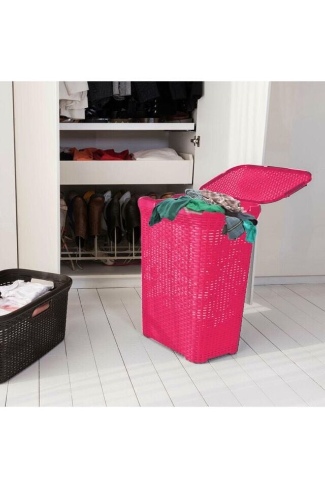 2'li Set Hasır Desenli Plastik Pembe Çamaşır Sepeti & Pembe Çamaşır Selesi