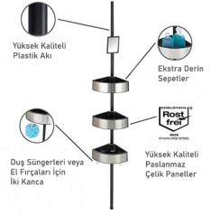 Wenko Premium Köşe Teleskopik Banyo Rafı Siyah Aynalı