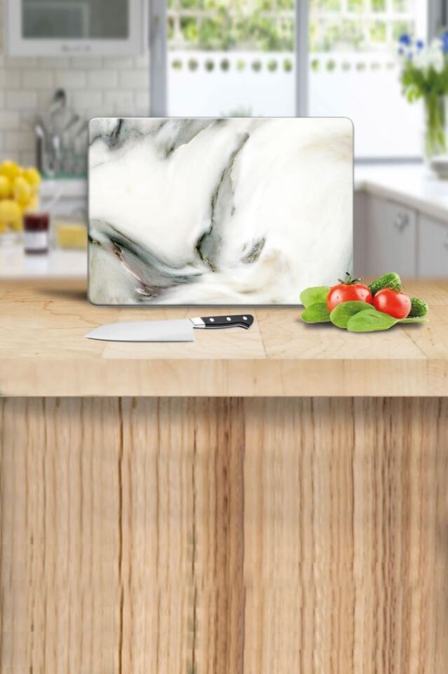 20x30cm - Dalgalı Black Mermer Desenli - Cam Kesme Tahtası