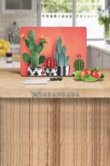 30x40 cm Cam Kesme Tahtası Kaktüs Desenli