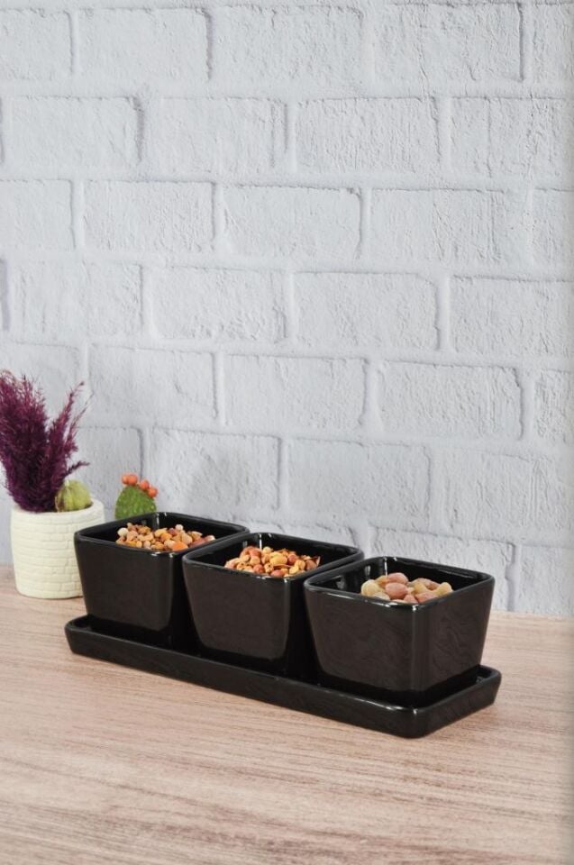 3'lü Çerezlik Tepsili Kase Siyah