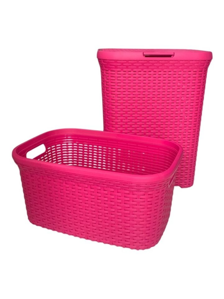 2'li Set Hasır Desenli Plastik Fusya Çamaşır Sepeti & Fusya Çamaşır Selesi