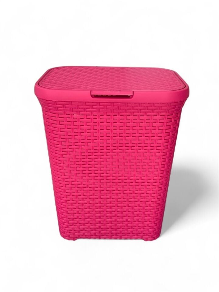 2'li Set Hasır Desenli Plastik Fusya Çamaşır Sepeti & Fusya Çamaşır Selesi
