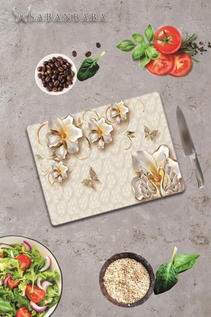 30x40 cm Cam Kesme Tahtası Altın Çiçek