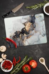 20x30 cm Cam Kesme Tahtası Siyah Yaldızlı Mermer