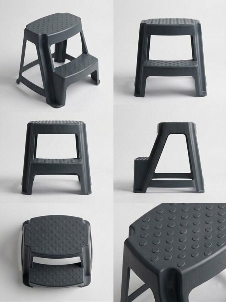 Antrasit, Plastik Basamaklı Tabure – Kaymaz Yüzeyli, Dayanıklı ve Taşınabilir