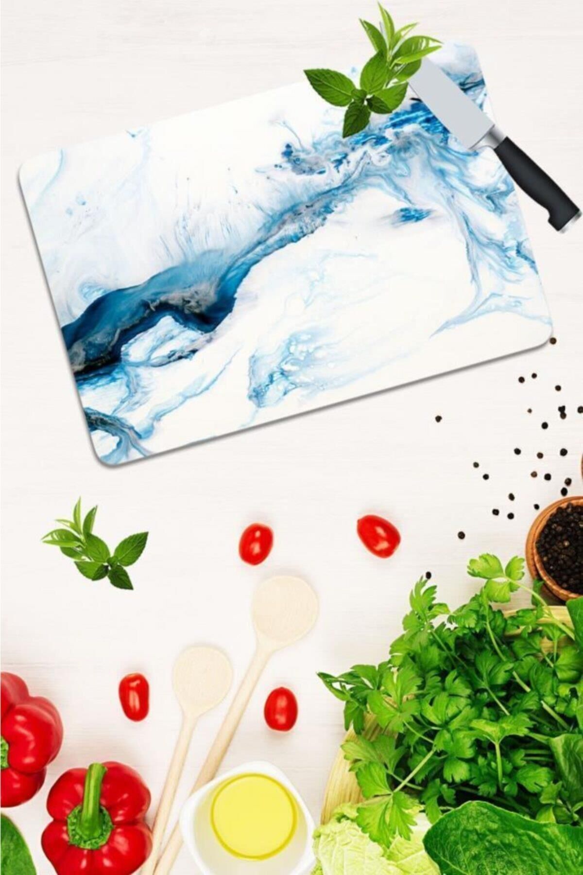 30x40 cm Cam Kesme Tahtası Mavi Deniz