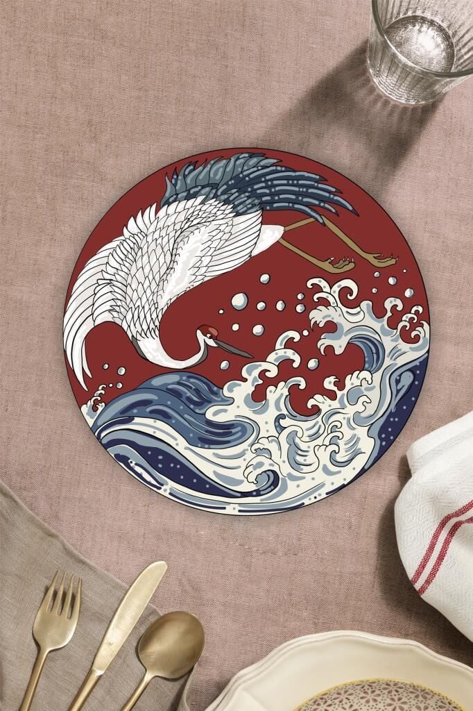 Çap 20 cm Kırmızı Leylek Desenli Cam Kesme Tablası