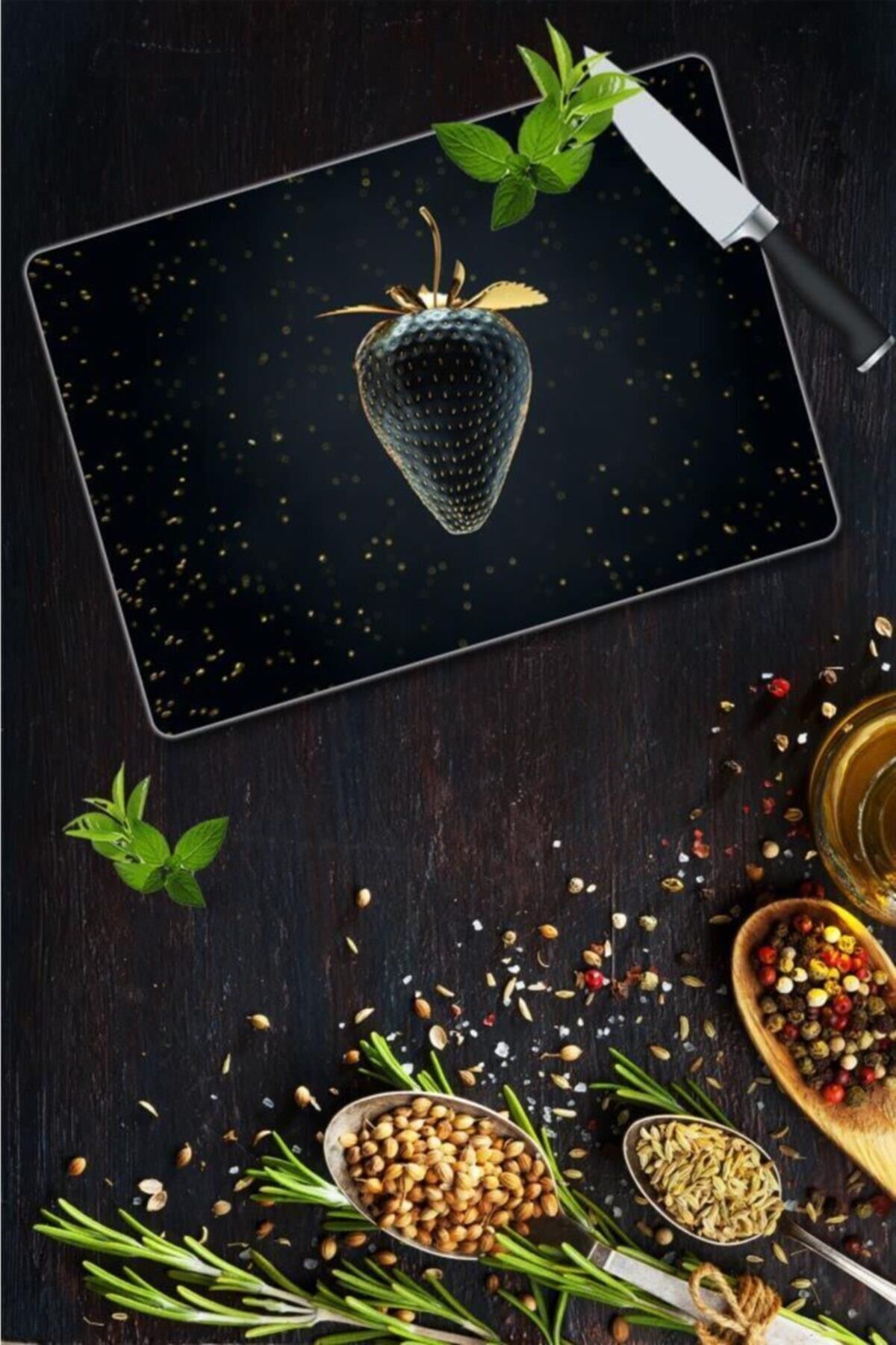 30x40 cm Cam Kesme Tahtası Altın Çilek