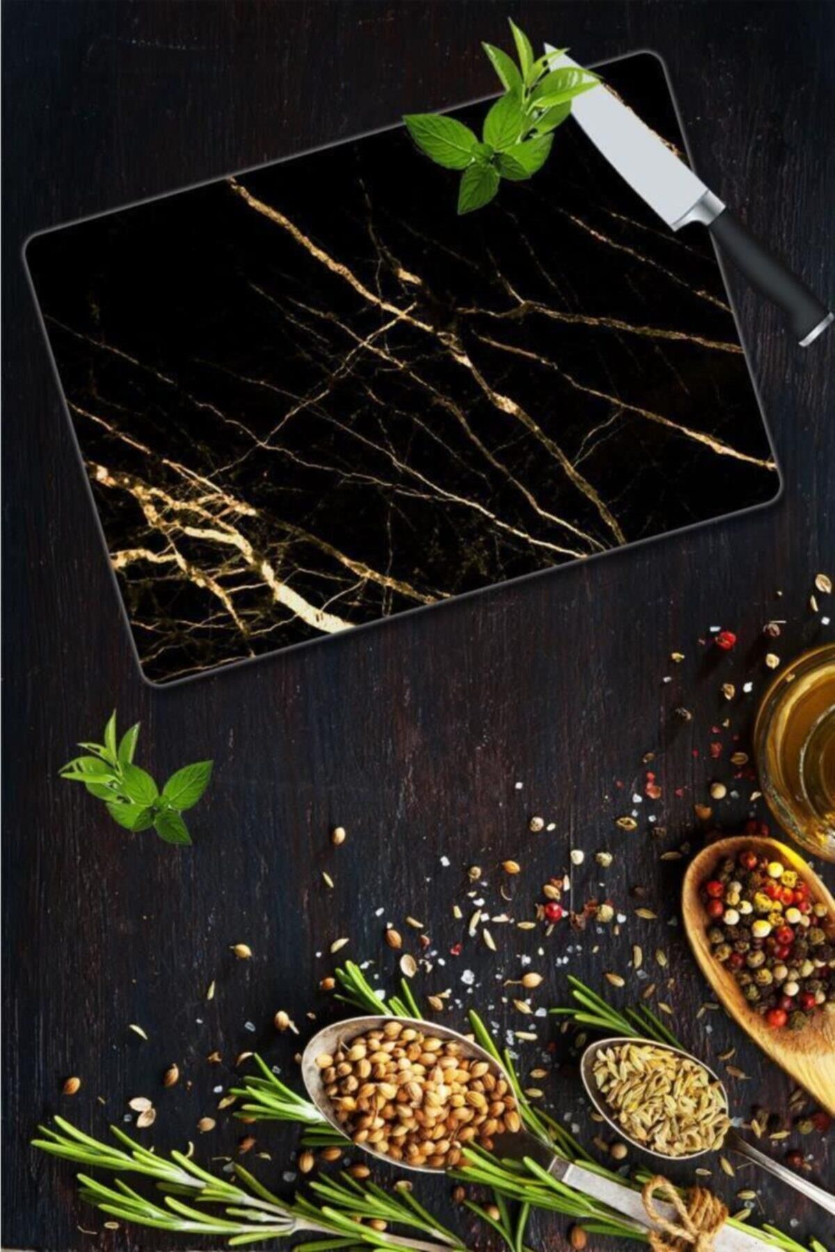 30x40 cm Cam Kesme Tahtası Sarı Altın Mermer