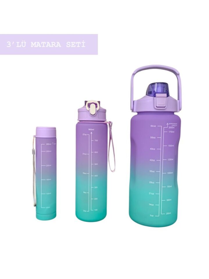 Mor, 3’lü Set - Sticker’lı Pipetli Matara Seti - 2000ml,900ml,300ml