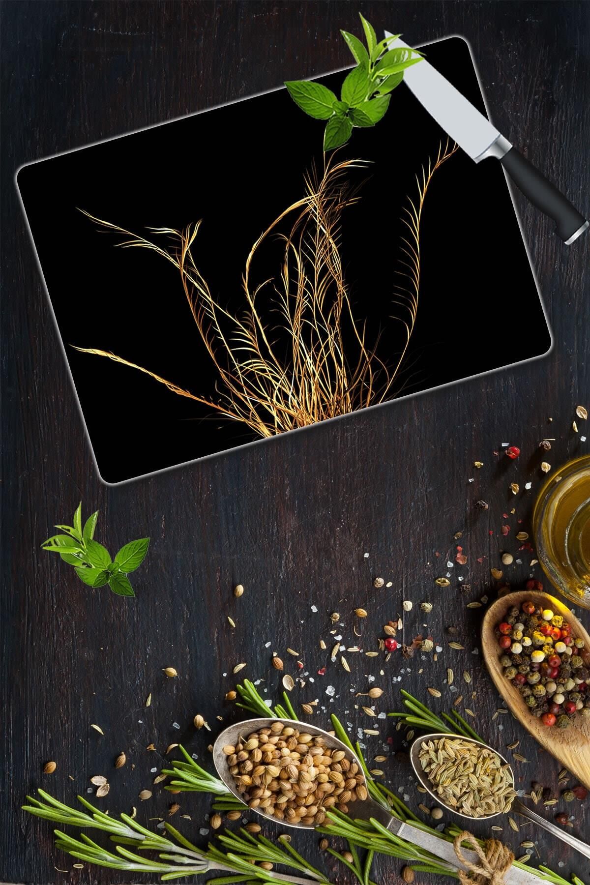 30x40 cm Cam Kesme Tahtası Altın Dal