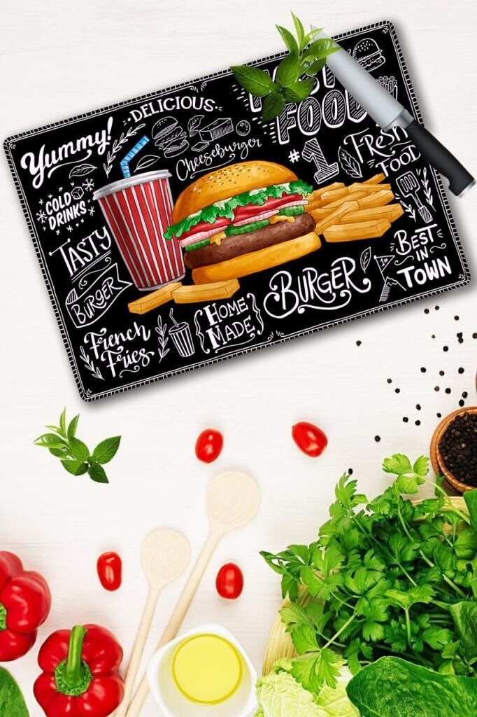 20x30 cm Cam Kesme Tahtası Fast Food Desenli