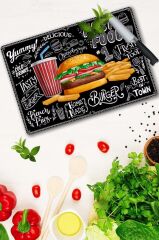 20x30 cm Cam Kesme Tahtası Fast Food Desenli