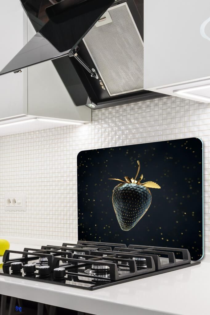 50X56 cm Cam Ocak Koruyucu Altın Çilek Desenli