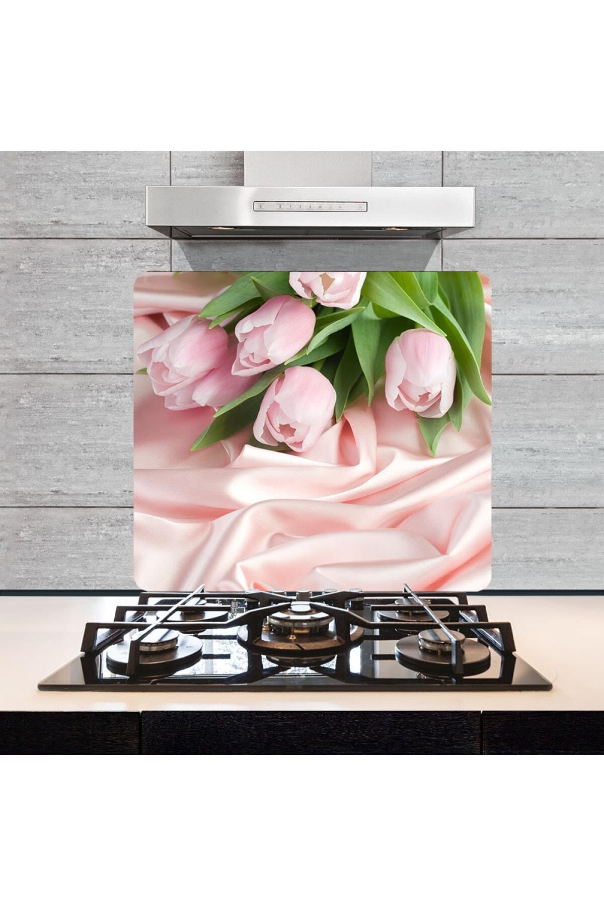 50x56 cm Pembe Güller Desenli Cam Ocak Koruyucu