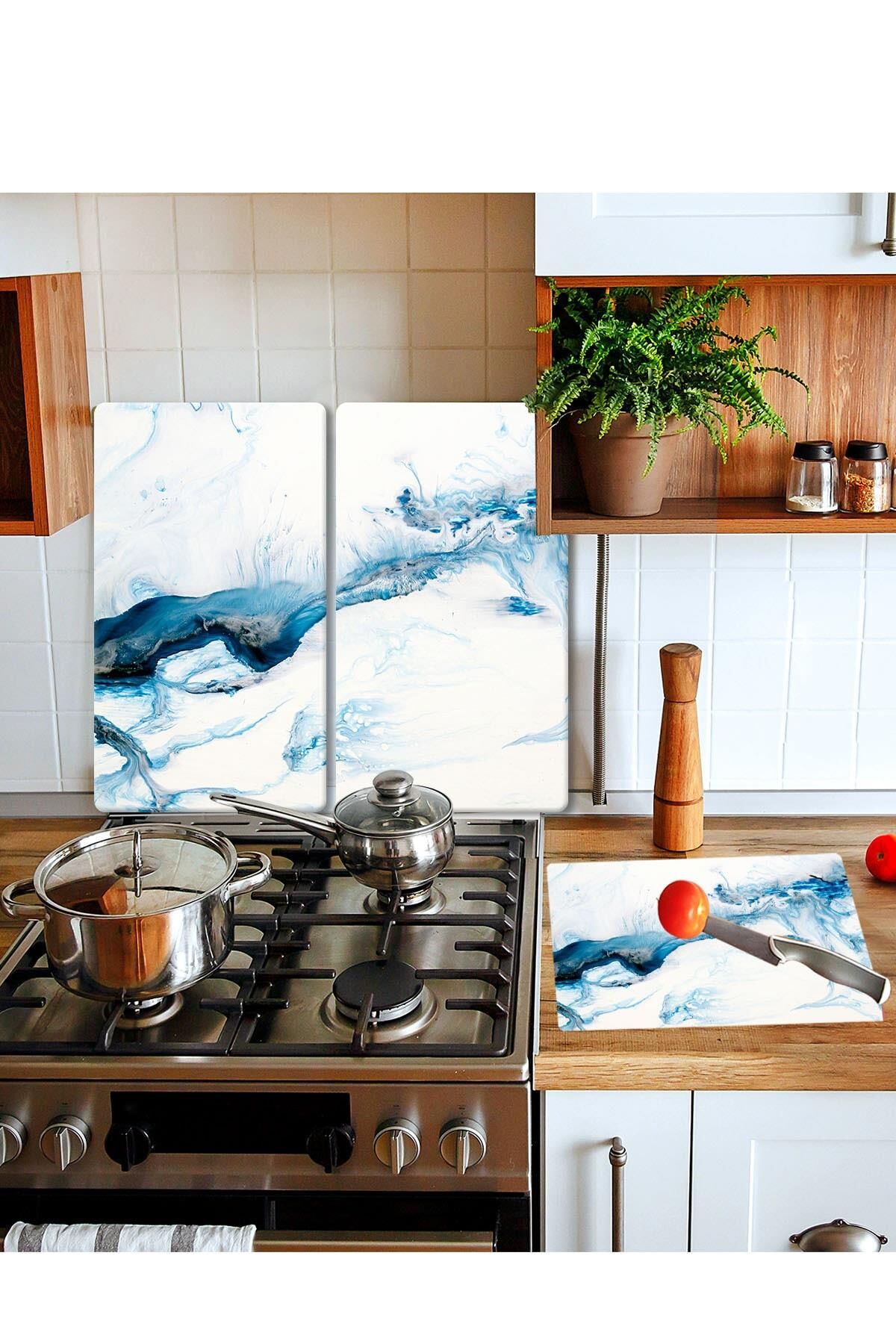 Takım Halinde Mavi Deniz 20x30 Cm Kesme Tablası Ve 2'li 30x52 cm Cam Ocak Koruyucu 4'lü Ocaklar