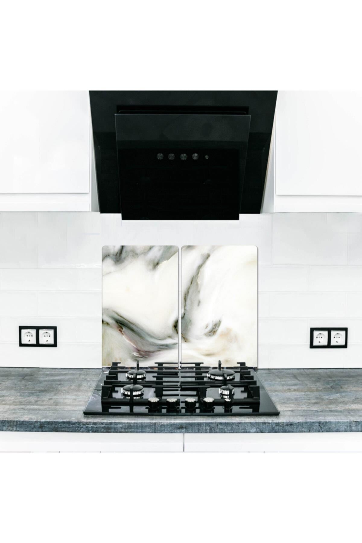 2' li 30x52 cm Cam Ocak Koruyucu Dalgalı Mermer Desenli