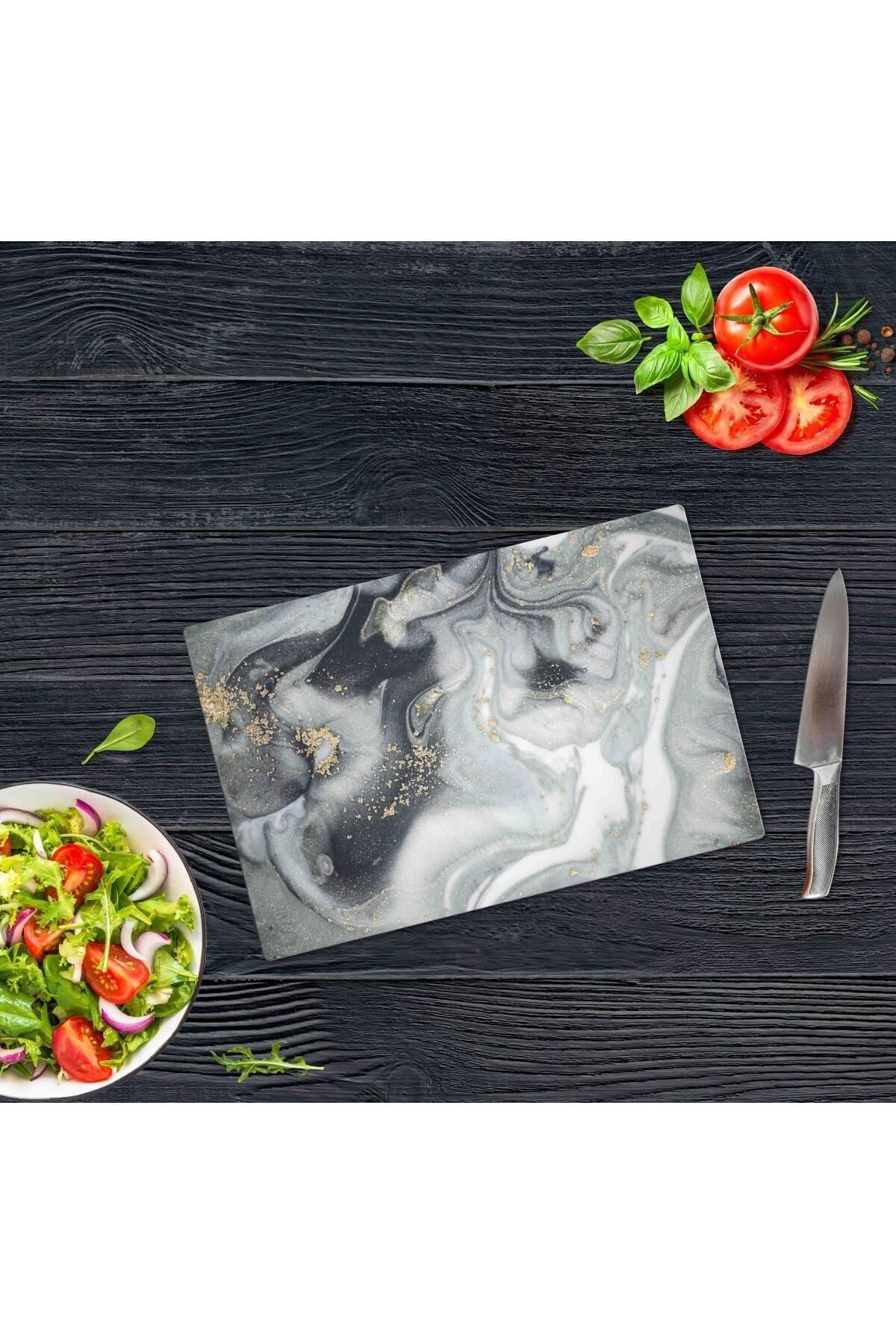 20x30 cm Cam Kesme Tahtası Gri Altın Mermer