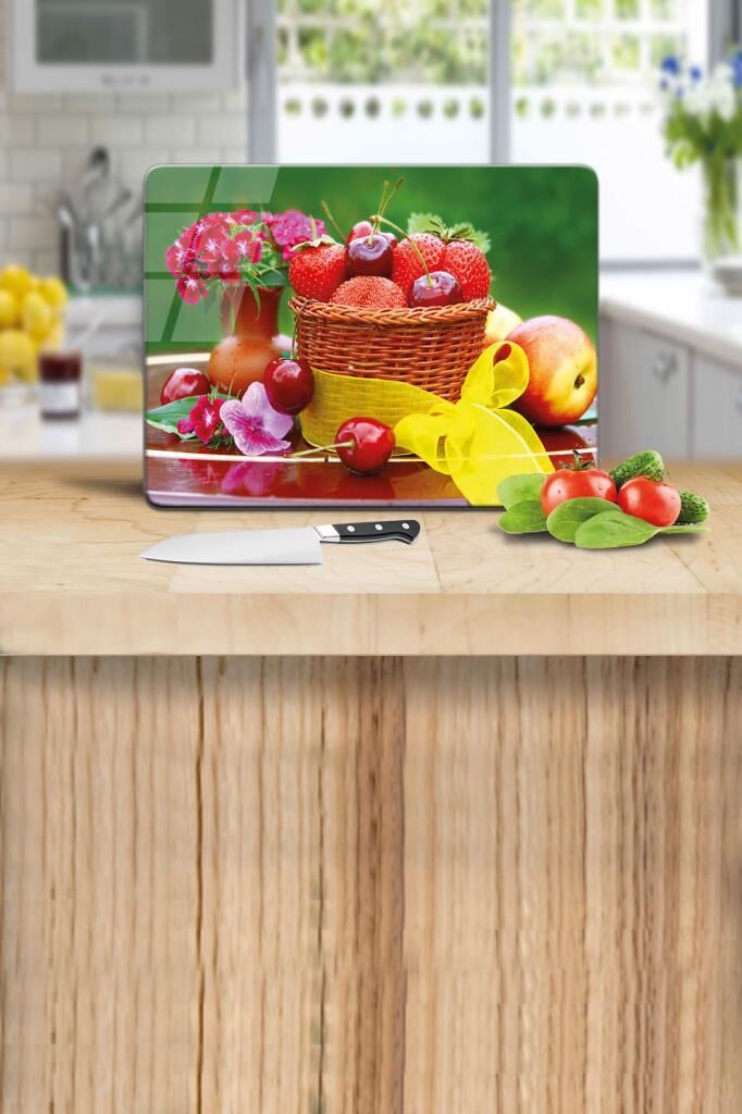 30x40 cm Cam Kesme Tahtası Meyve Sepeti Desenli