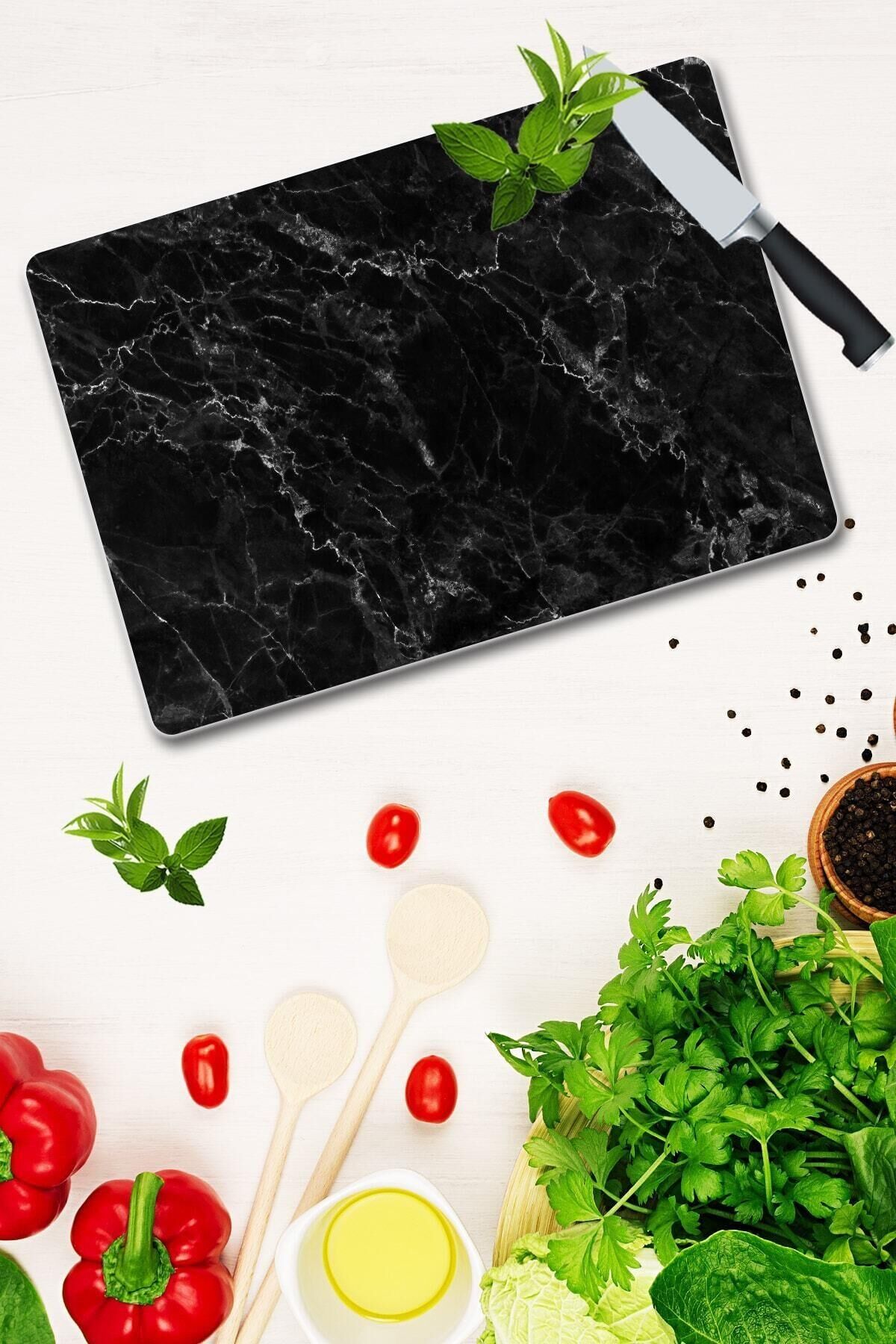 20x30 cm Cam Kesme Tahtası Siyah Mermer Görünümlü