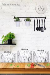 3'lü Takım Cam Kesme Tahtası Beyaz Mermer