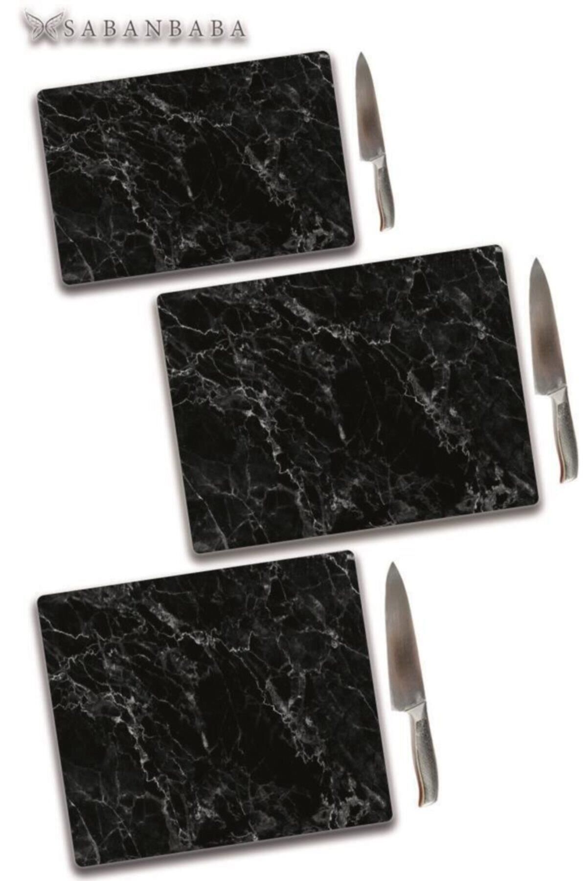 3'lü Takım Cam Kesme Tahtası Siyah Mermer