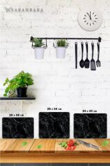 3'lü Takım Cam Kesme Tahtası Siyah Mermer