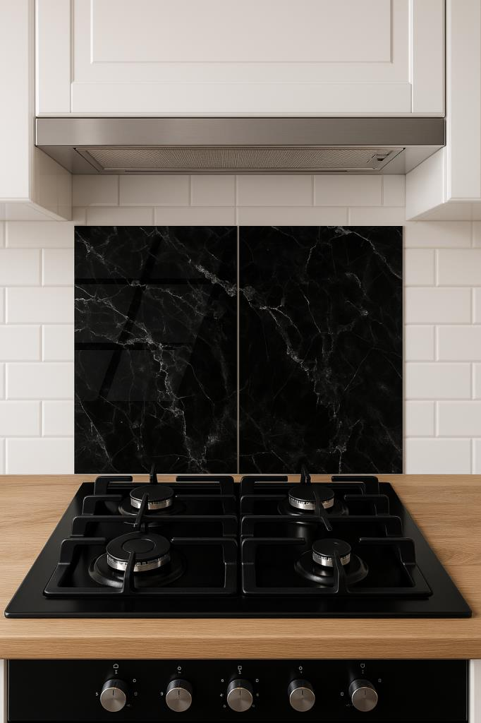 2' li 40x52 cm Siyah Mermer Desenli Cam Ocak Koruyucu