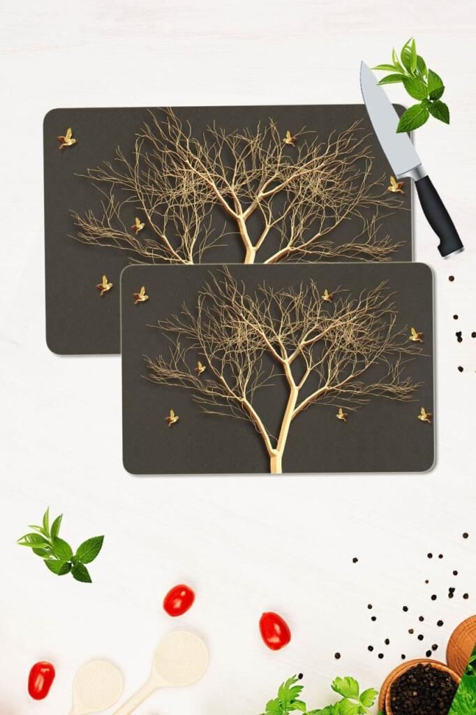 2' li Takım 30x40 cm ve 20x30 cm Altın Ağaç Desenli Cam Kesim Tablası ve Ocak Koruma