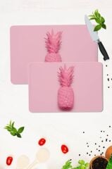 2' li Takım 30x40 cm ve 20x30 cm Pembe Ananas Desenli Cam Kesim Tablası ve Ocak Koruma