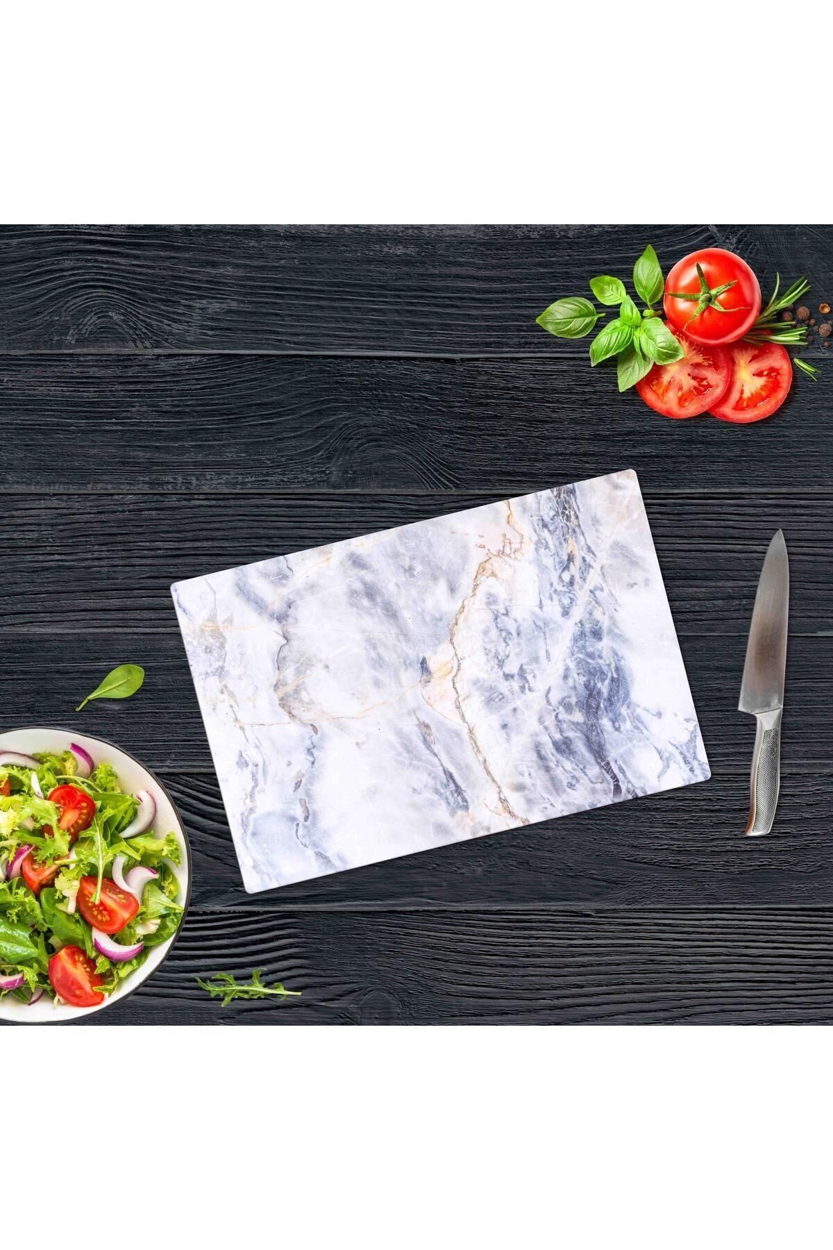 20x30 cm Cam Kesme Tahtası Mavi Mermer Görünümlü