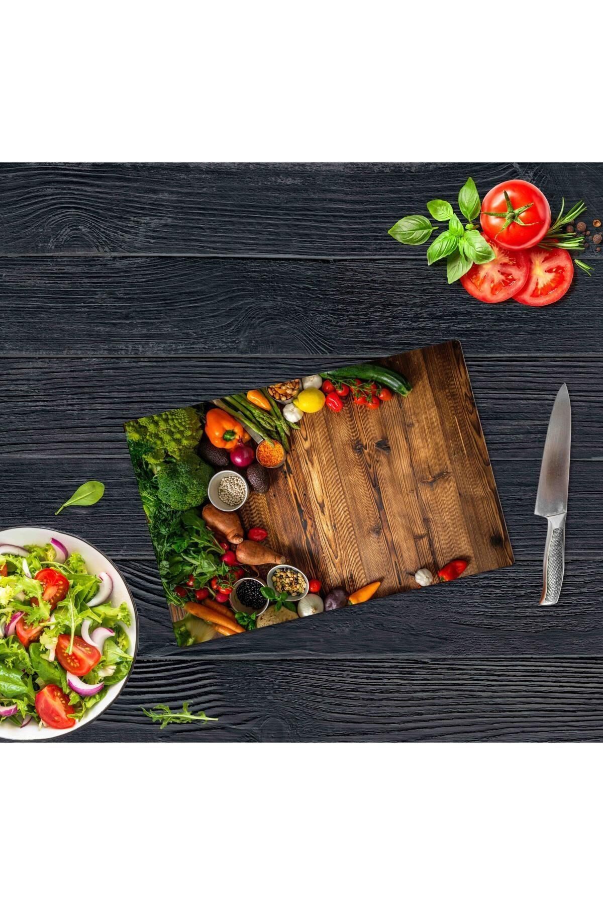 30x40 cm Cam Kesme Tahtası Ahşap ve Sebzeler