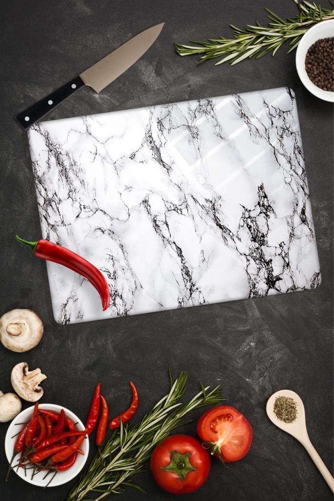 20x30 cm Cam Kesme Tahtası Beyaz Mermer
