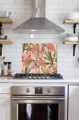 2' li 30x52 cm Cam Ocak Koruyucu Flamingo & Orman Bitkileri Desenli