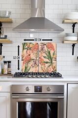 2' li 30x52 cm Cam Ocak Koruyucu Flamingo & Orman Bitkileri Desenli