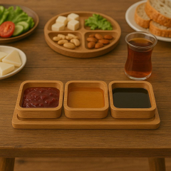 Saban Doğal Ahşap Çerezlik ve Kahvaltılık – Tepsili 3 Kaseli Sunum Tabağı  T12
