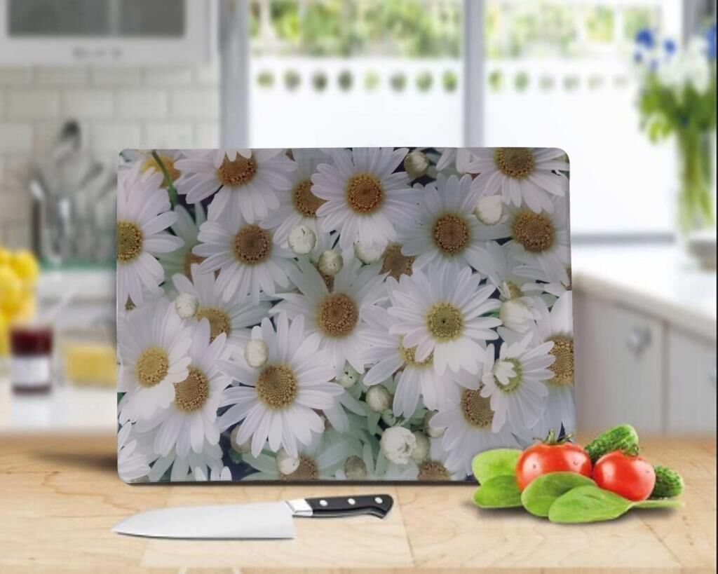 30x40 cm Cam Kesme Tahtası Beyaz Papatyalar