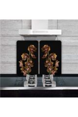 2' li 40x52 cm Cam Ocak Koruyucu  Kahve Orkide Desenli