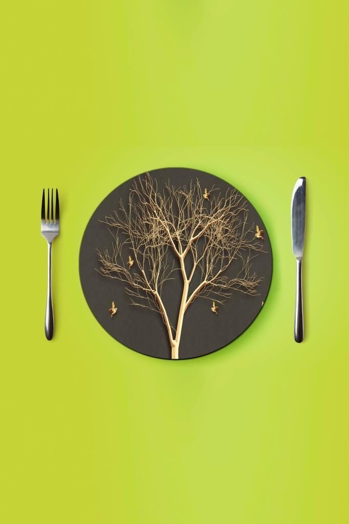 Çap 27 cm Altın Ağaç Desenli Cam Sunumluk Amerikan Servis Supla