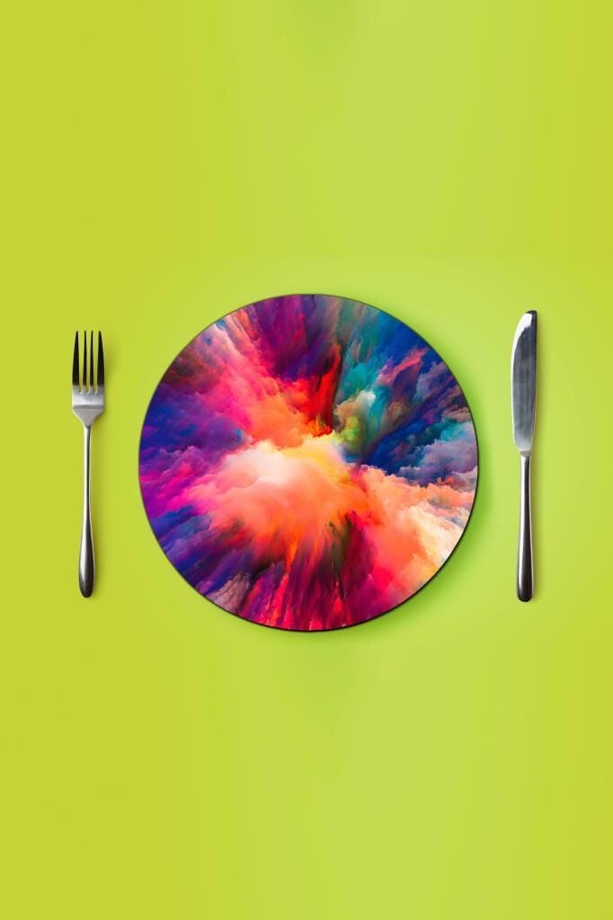 Çap 27 cm Renkli Odak Desenli Cam Sunumluk Amerikan Servis Supla