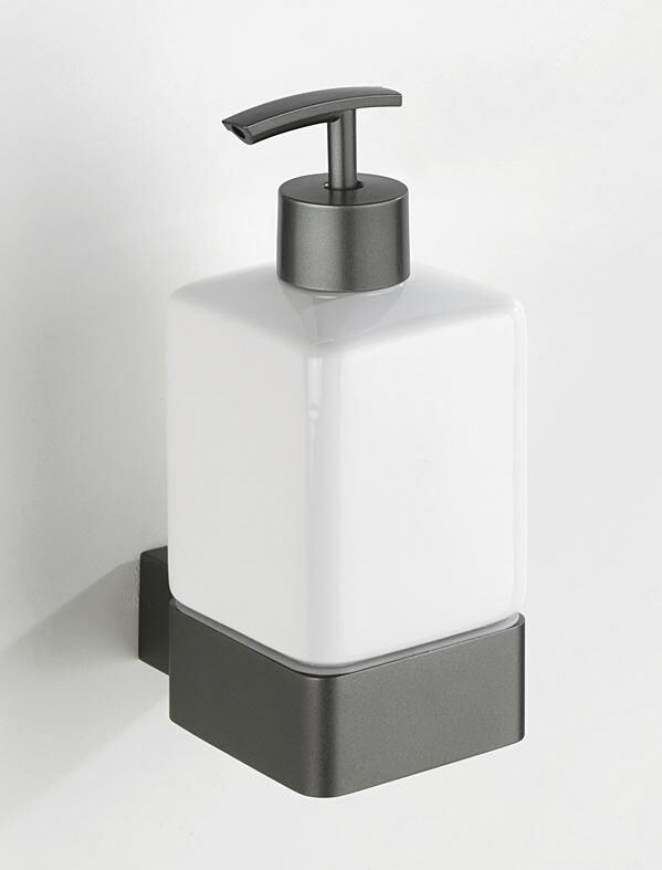 Saban  Duvara Monte Sabunluk – 360 ml Kapasiteli, Koyu Gri Alüminyum Tutuculu, Seramik Şişeli