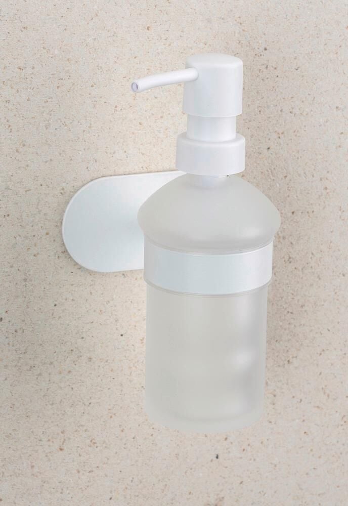 Saban Duvara Monte Sabunluk – Mat Beyaz, Paslanmaz Çelik, Yapışkan Sistemli, 200 ml Kapasiteli, Saten Cam Şişeli